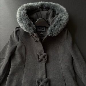 Wool Coat with Faux Fur Hood – Size S (7/8)